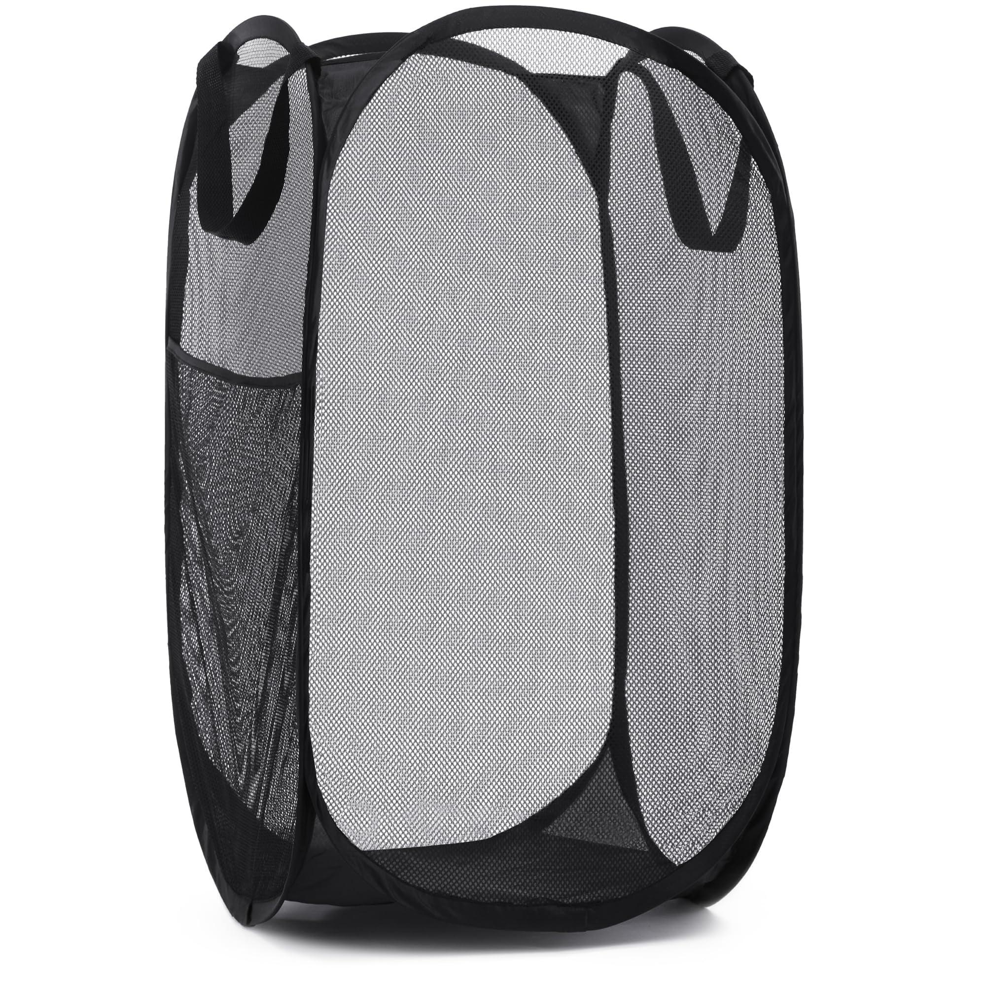 Collapsible Mesh Pop Up Laundry Baskets with Wide Opening and Side Pocket – Laundry Hamper, Breathable, Sturdy, Foldable, and Space-Saving Design for Clothes and Storage (Black)
