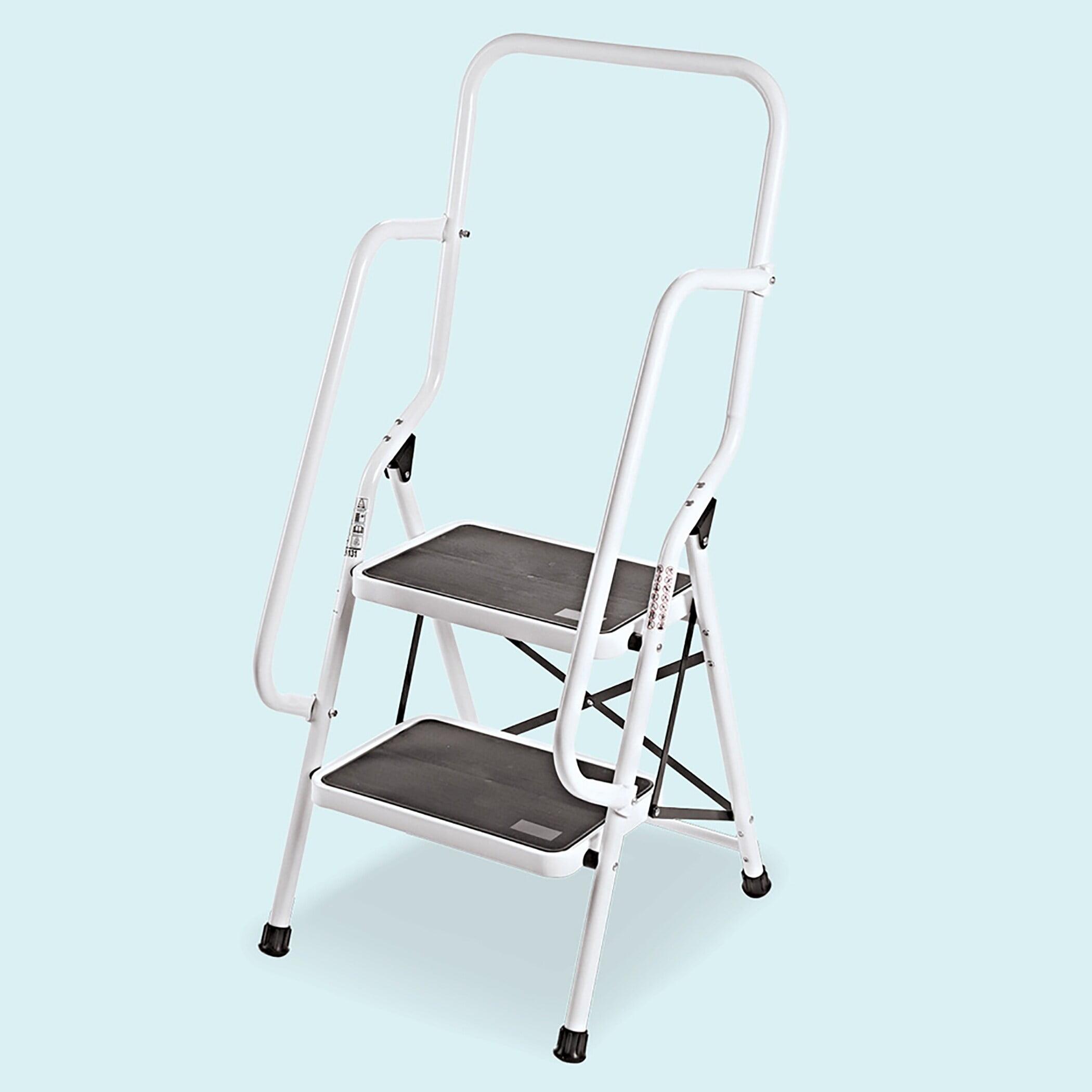 White Steel Folding 2-Step Safety Ladder with Rails