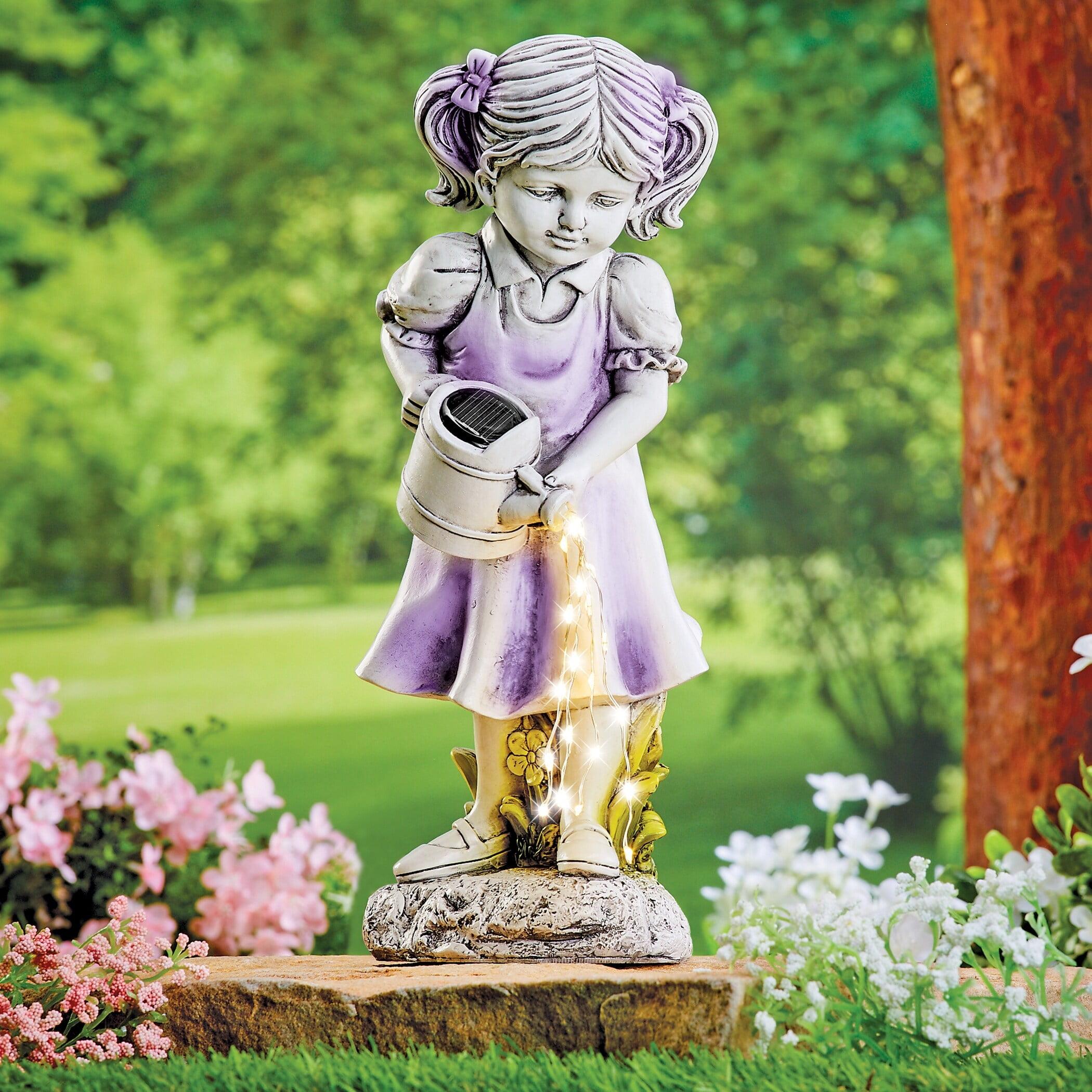 Hand-Painted Girl with Solar Watering Can Garden Statue