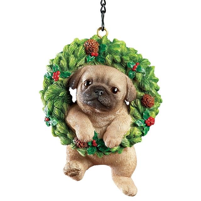Collections Etc Hand Painted Pet-In-Wreath Hanging Christmas Tree Ornament Pug