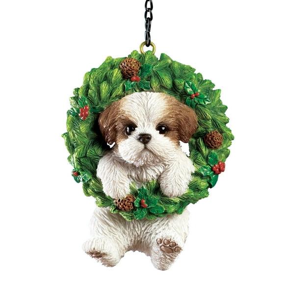 Collections Etc Hand Painted Pet-In-Wreath Hanging Christmas Tree Ornament Brown Shih Tzu
