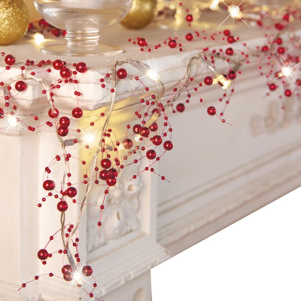 Collections Etc Lighted Berry-Beaded Holiday Garland Red