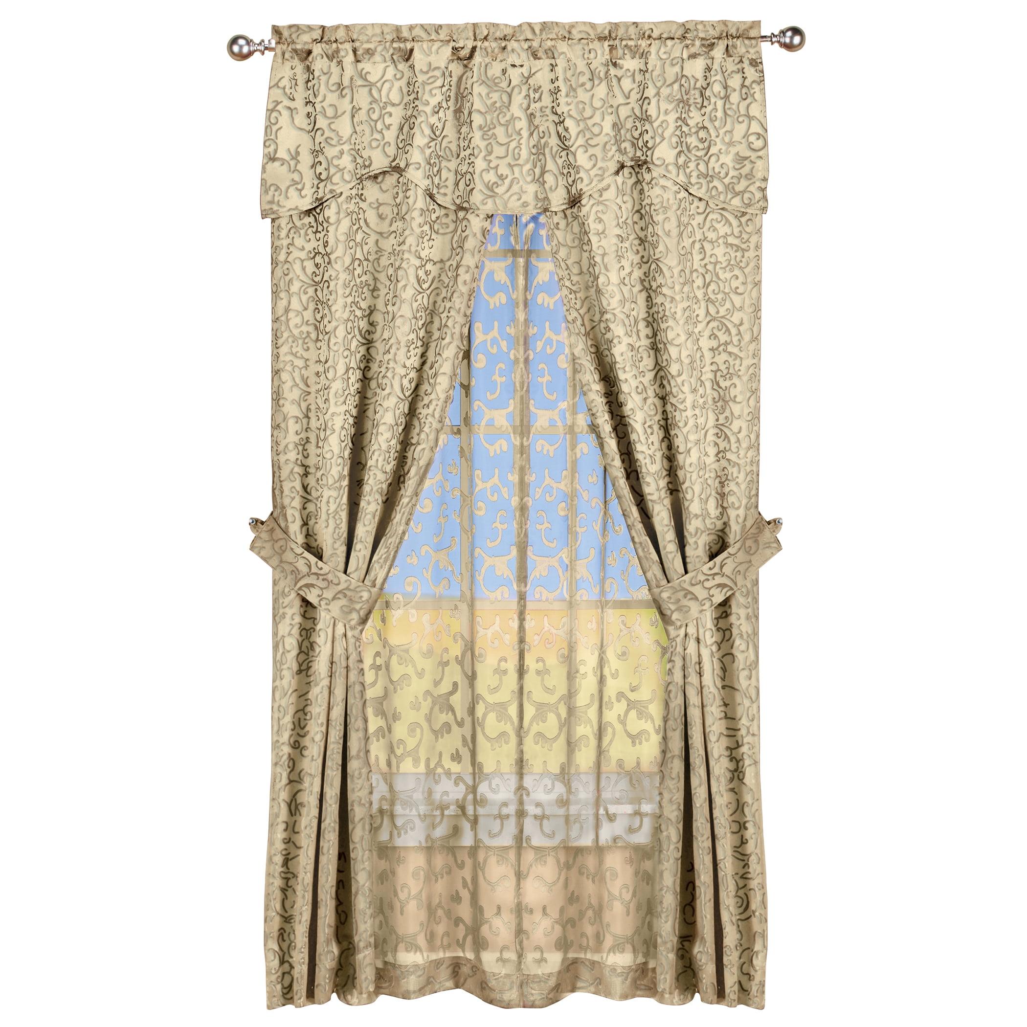 Collections Etc Insulated Scrolling Design Sheer Window Curtain Set with Tie Backs 54" x 84" Taupe