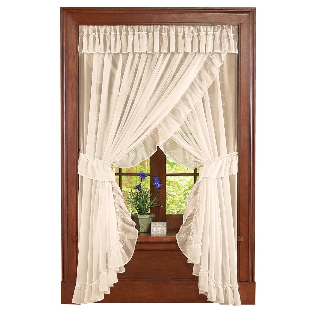 Collections Etc Isabella Ruffled Sheer Fabric Rod Pocket Window Curtain Set, Cream