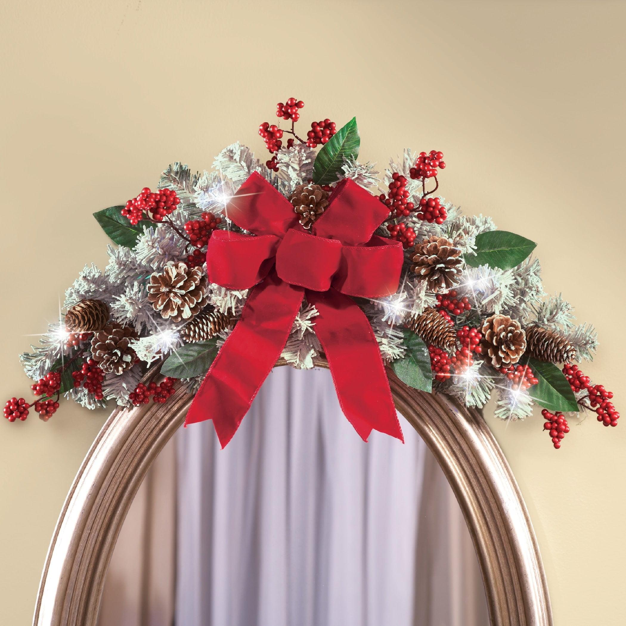 LED Holiday Frosted Pine Floral Swag with Red Bow