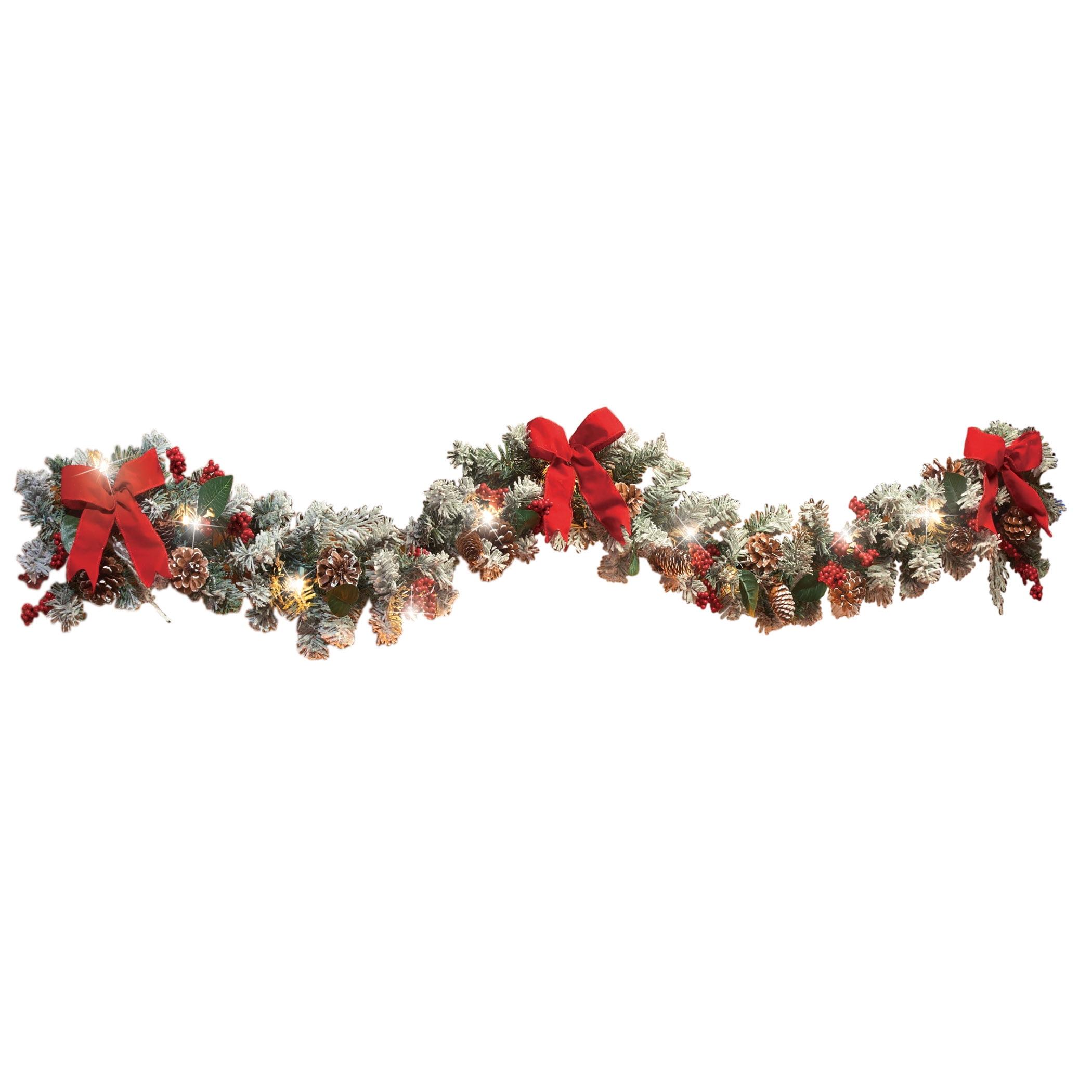 Lighted Frosted Pine Garland with Red Bows and Pinecones