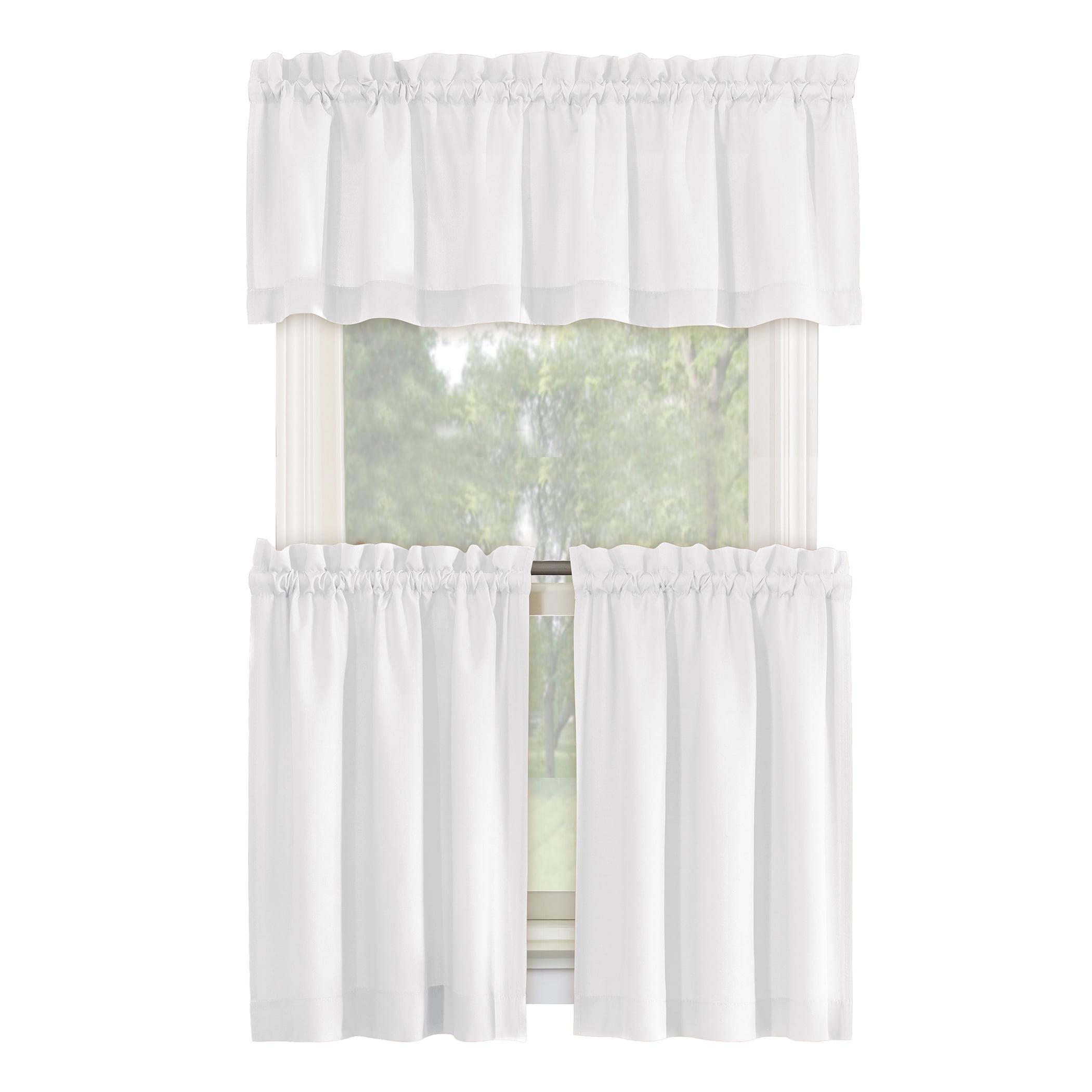 White Polyester Sheer Rod Pocket Kitchen Curtain Set