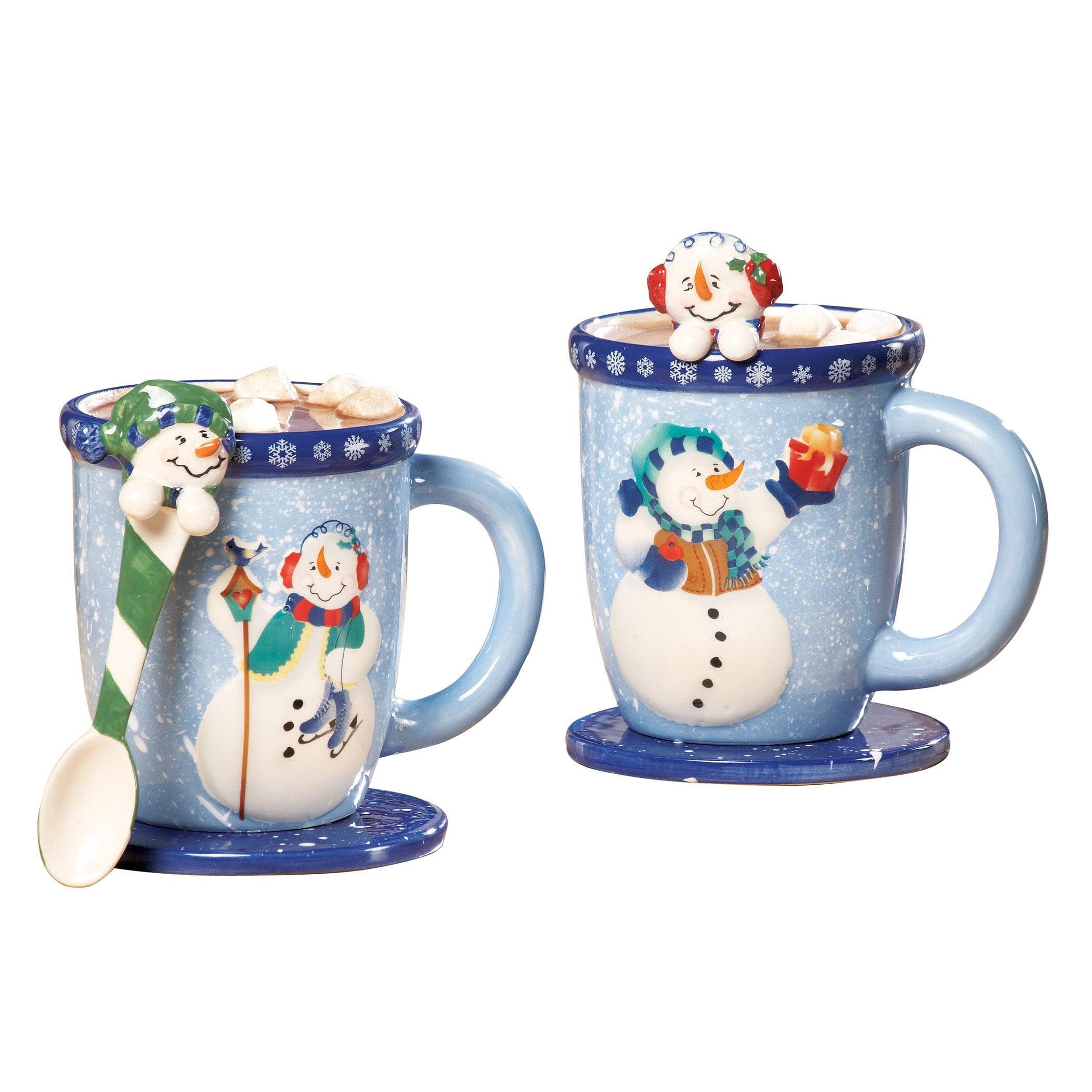 Festive Snowman Ceramic Mug and Spoon Set with Coasters