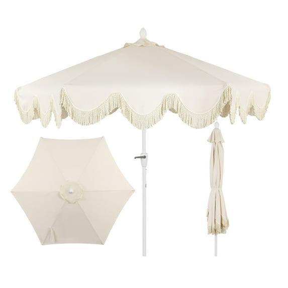 JONATHAN Y Collins 9 ft. Classic Cottage Tassel Market Patio Umbrella with Auto-Tilt, Crank, Wind Vent and UV Protection in Cream