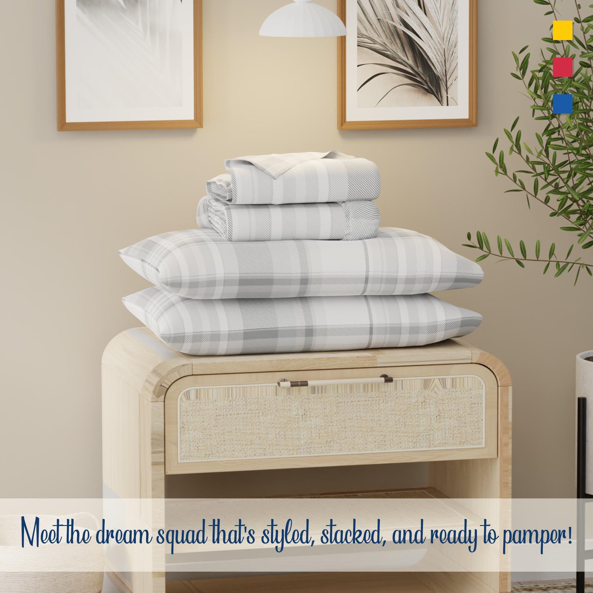 Color Sense 100% Cotton Percale Cool & Crisp 3-Piece Sheet Set Twin Hudson Plaid Grey