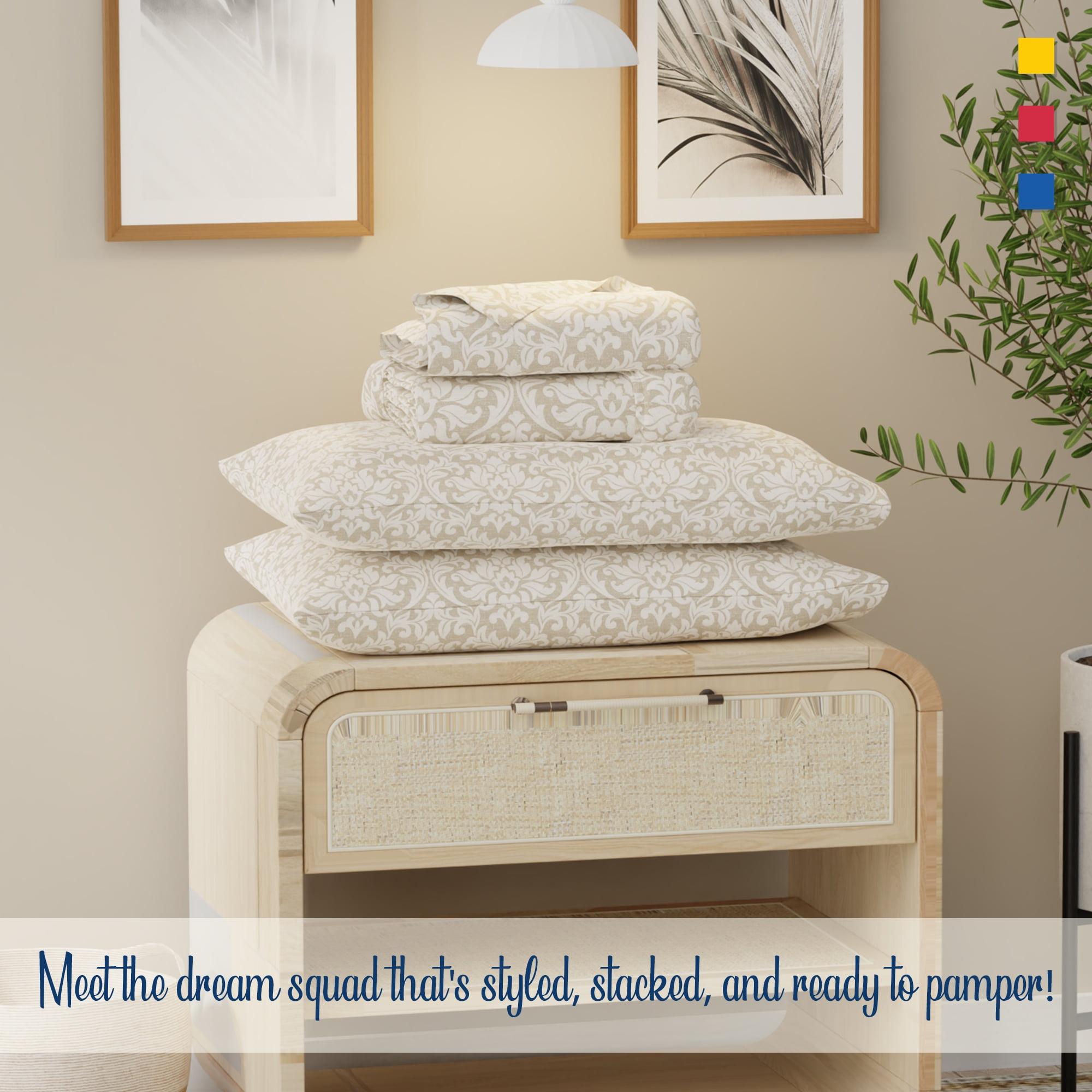 Color Sense 100% Cotton Percale Cool & Crisp 4-Piece Sheet Set Full Addison Damask Linen