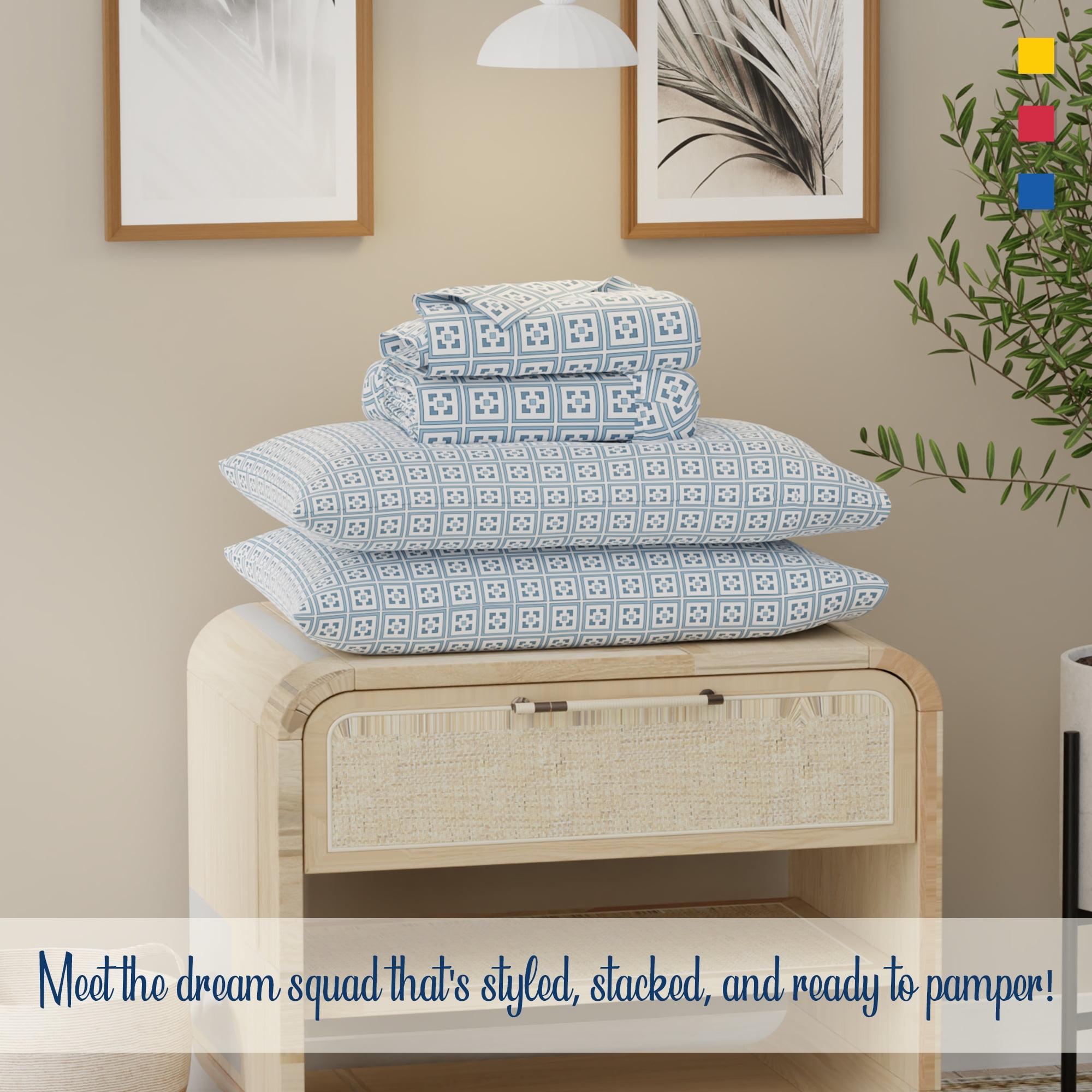 Color Sense 100% Cotton Percale Cool & Crisp 4-Piece Sheet Set King Greek Key Blue