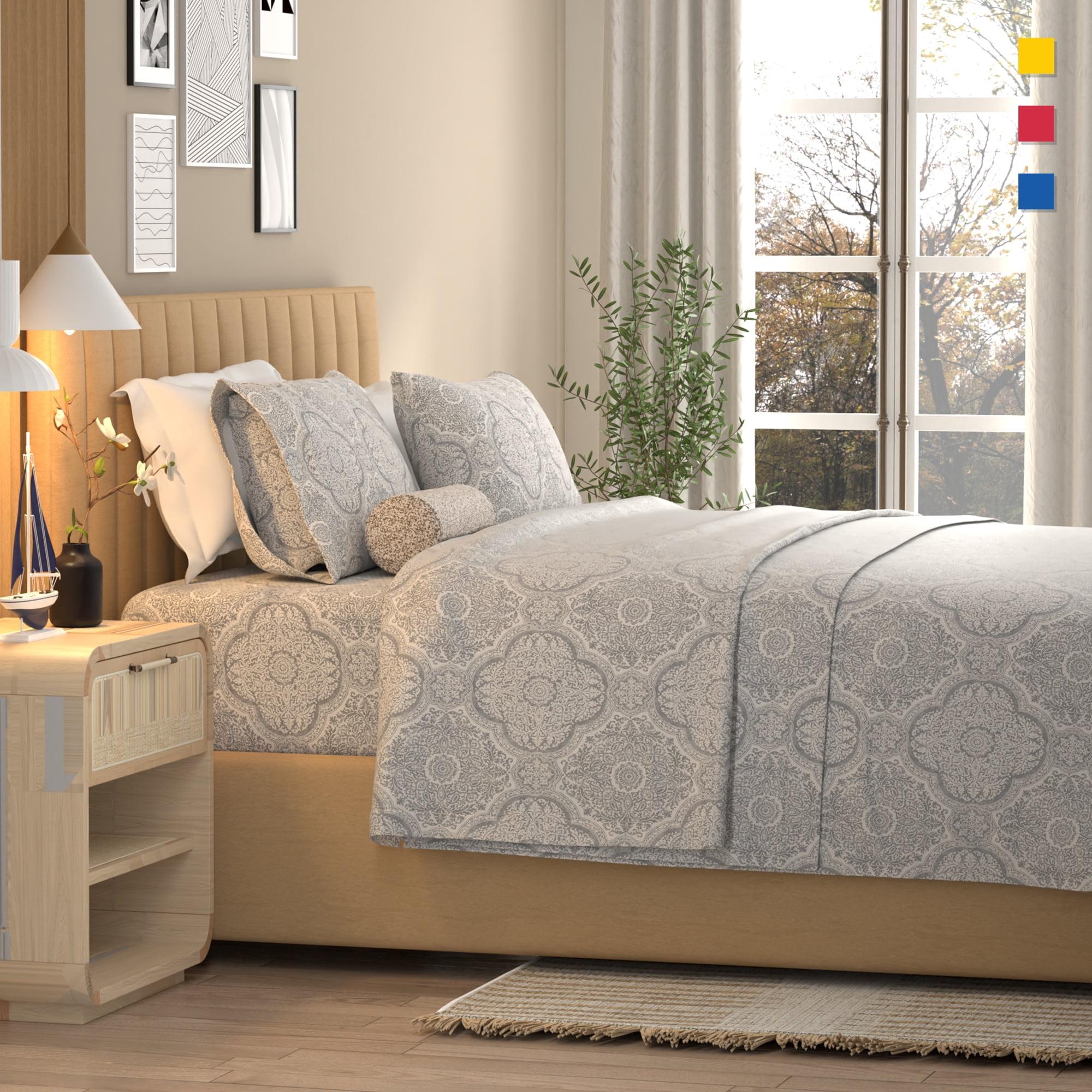 Color Sense 100% Cotton Percale Cool & Crisp 4-Piece Sheet Set Queen Textured Medallion Gray