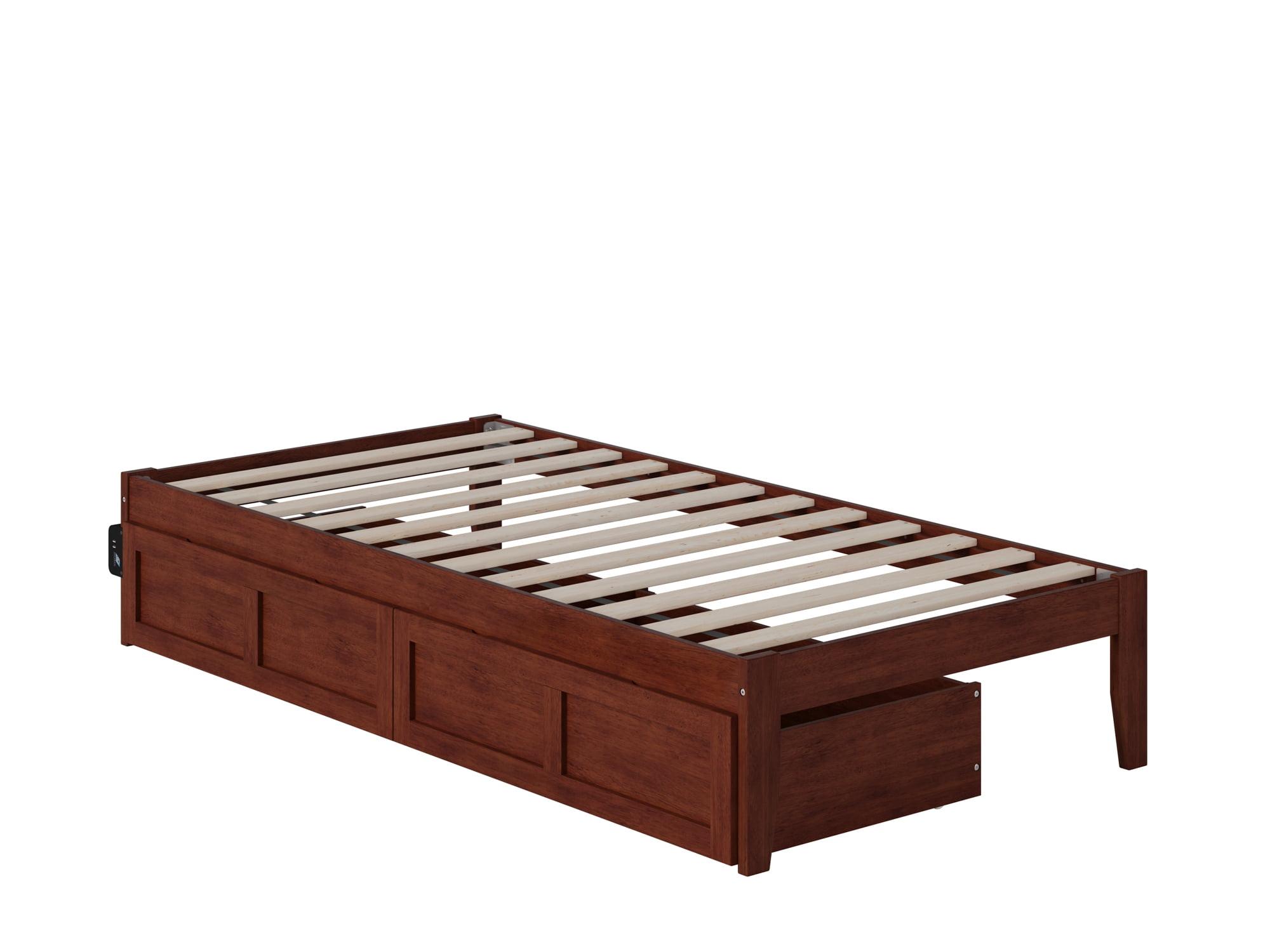 Symmetrical Colorado Twin Bed with USB Charger and Storage Drawers, Walnut