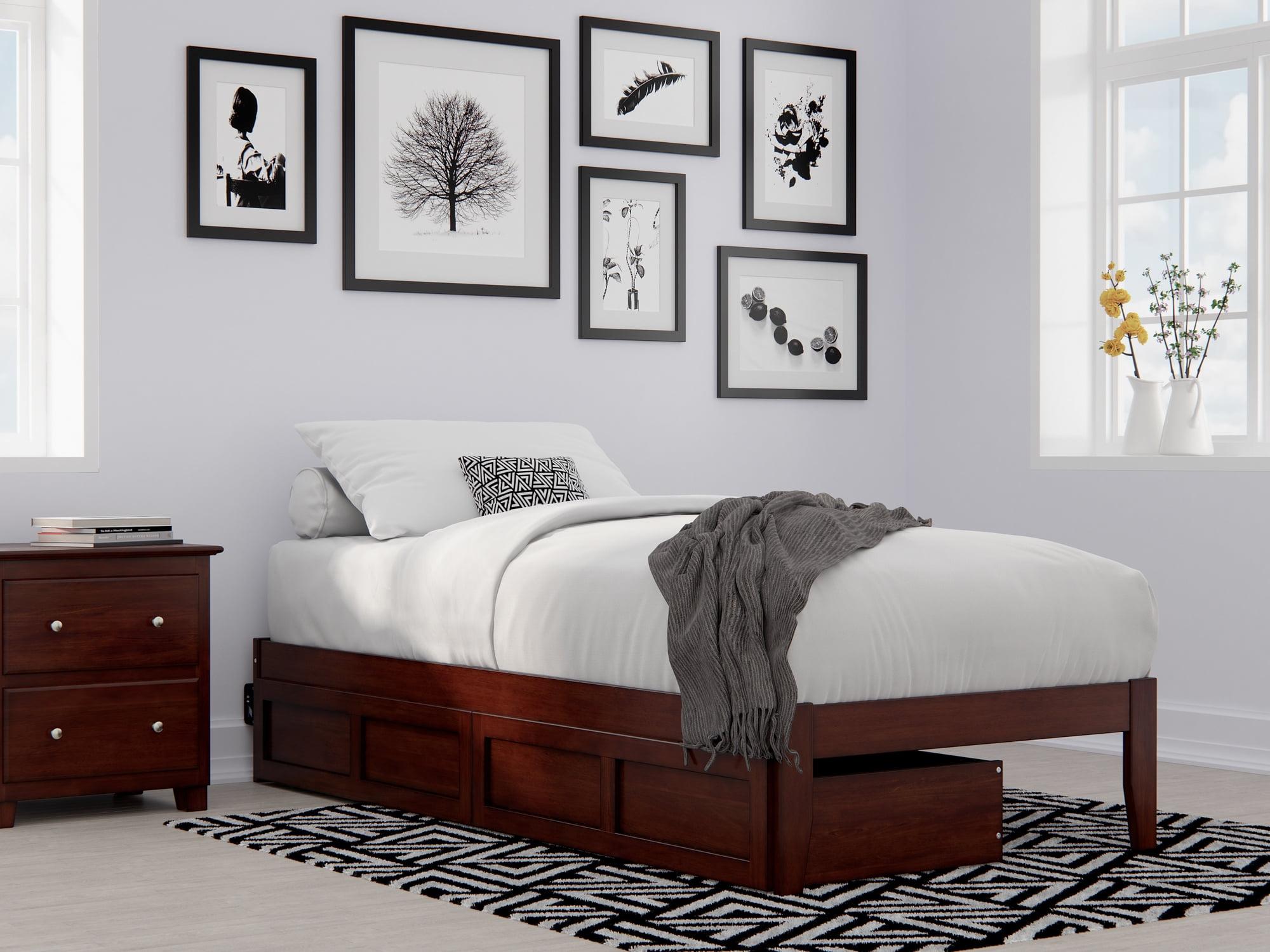 Symmetrical Twin XL Walnut Bed with USB Charger and Storage Drawers