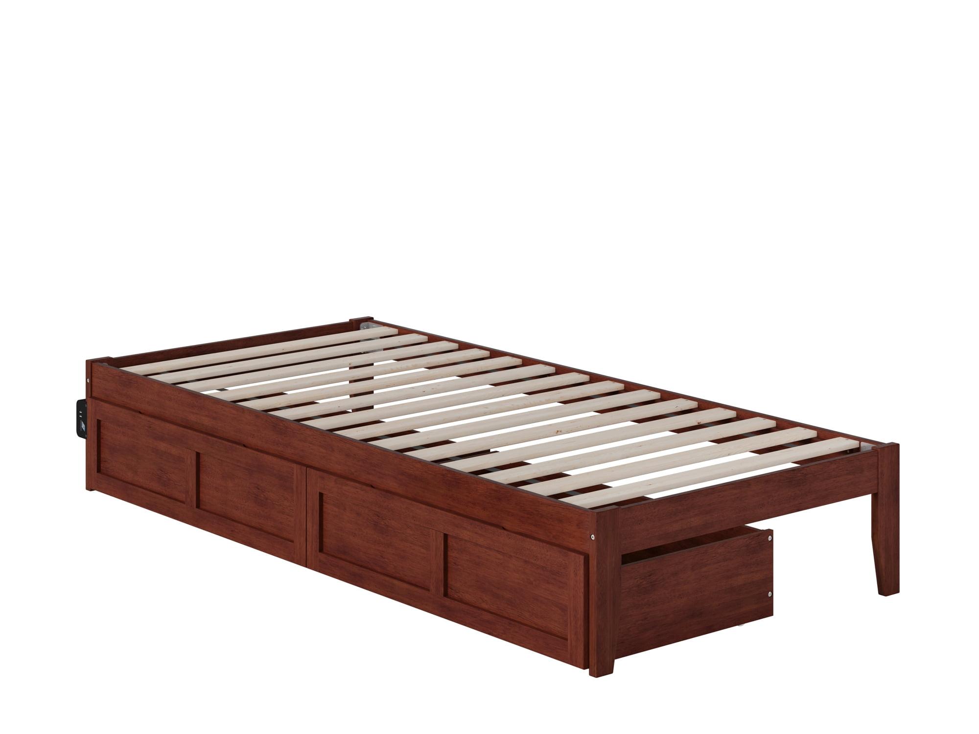 Symmetrical Twin XL Walnut Bed with USB Charger and Storage Drawers