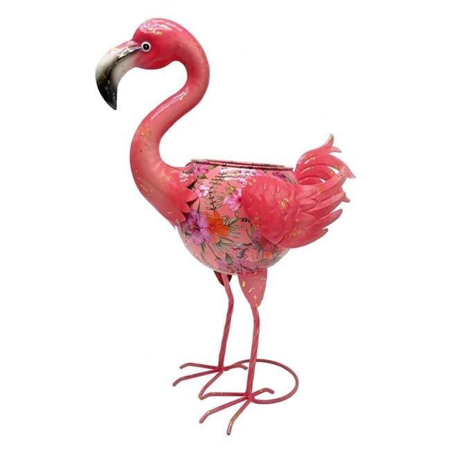 Pink Enameled Metal Flamingo Planter with Floral Pattern