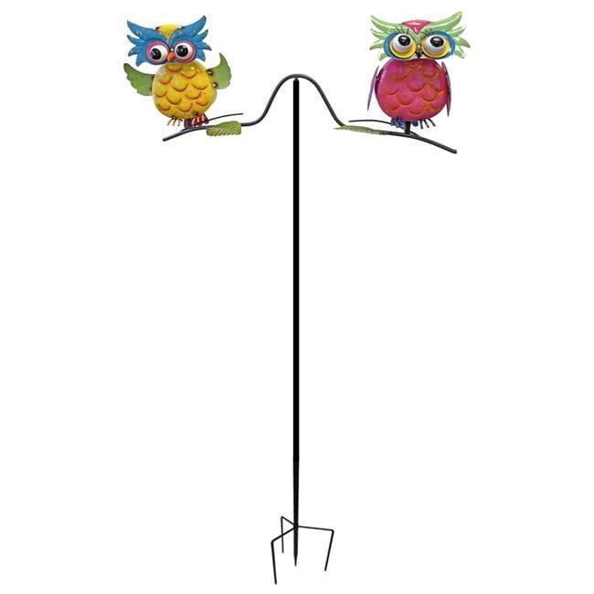Metal Enameled Two Owls Spinning Balancer Garden Stake