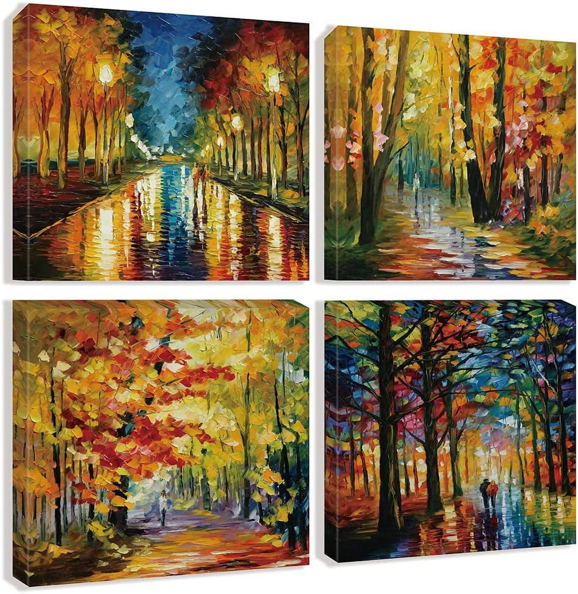 JEUXUS Colorful Landscape Oil Painting Wall Art Canvas Paintings Abstract Texture Rainbow Trees with Walking People Prints Pictures 4 Pieces Living Room Bedroom Artwork 16x16in