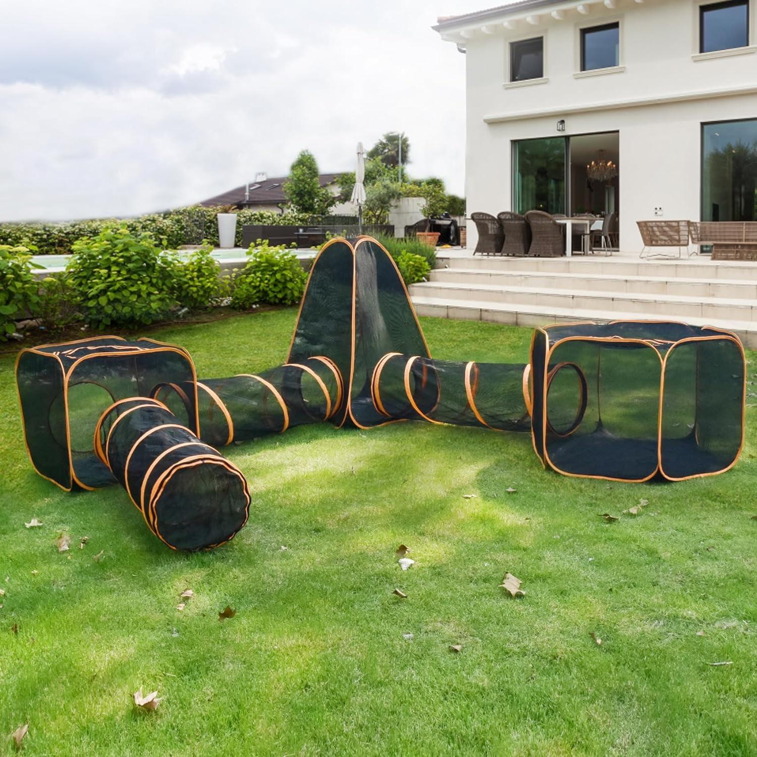 6-in-1 Black and Orange Portable Cat Tunnel Playpen