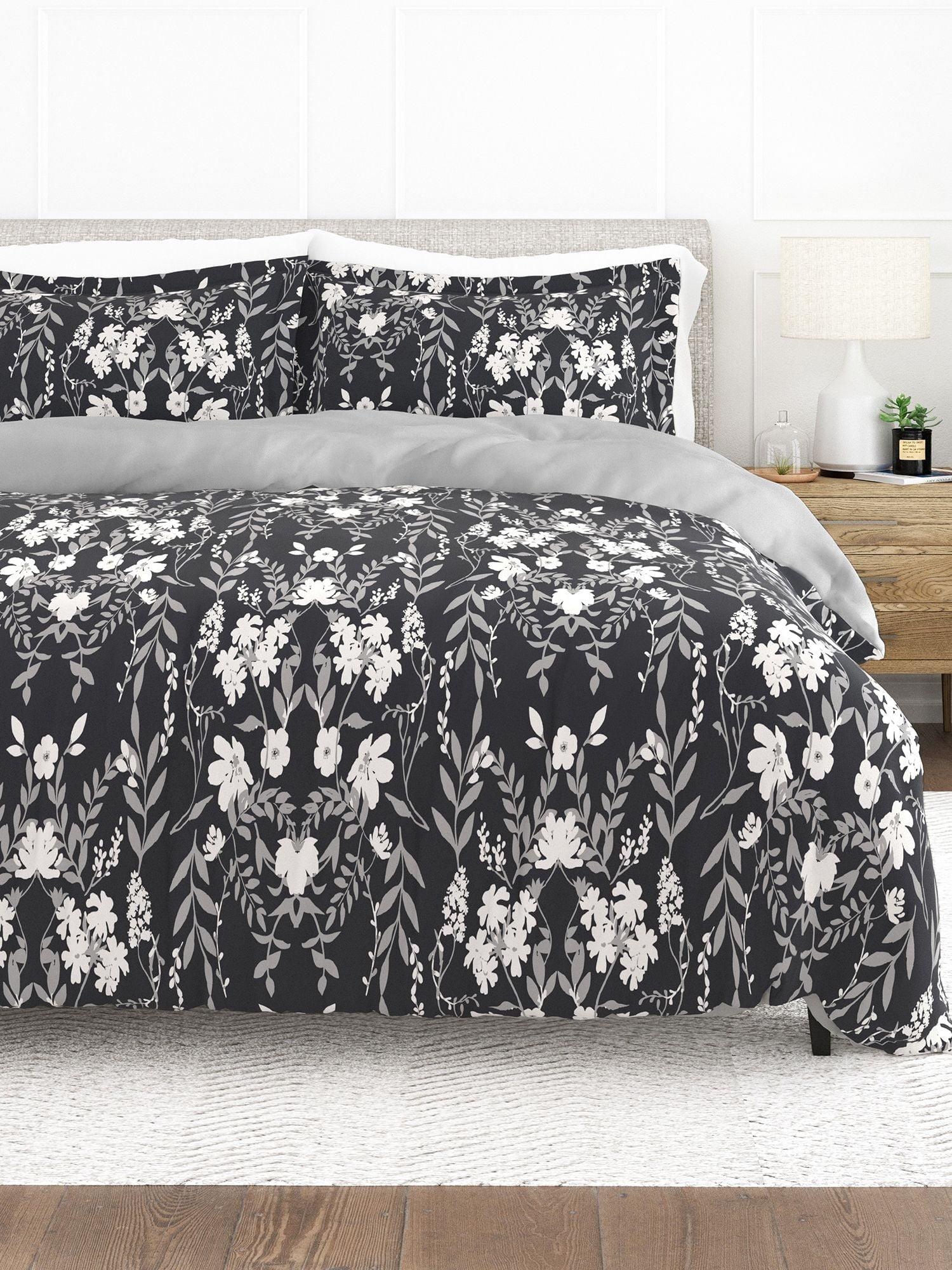 Noble Linens Black Reversible Secret Garden Print 3-Piece Duvet Cover Set, King/CalKing