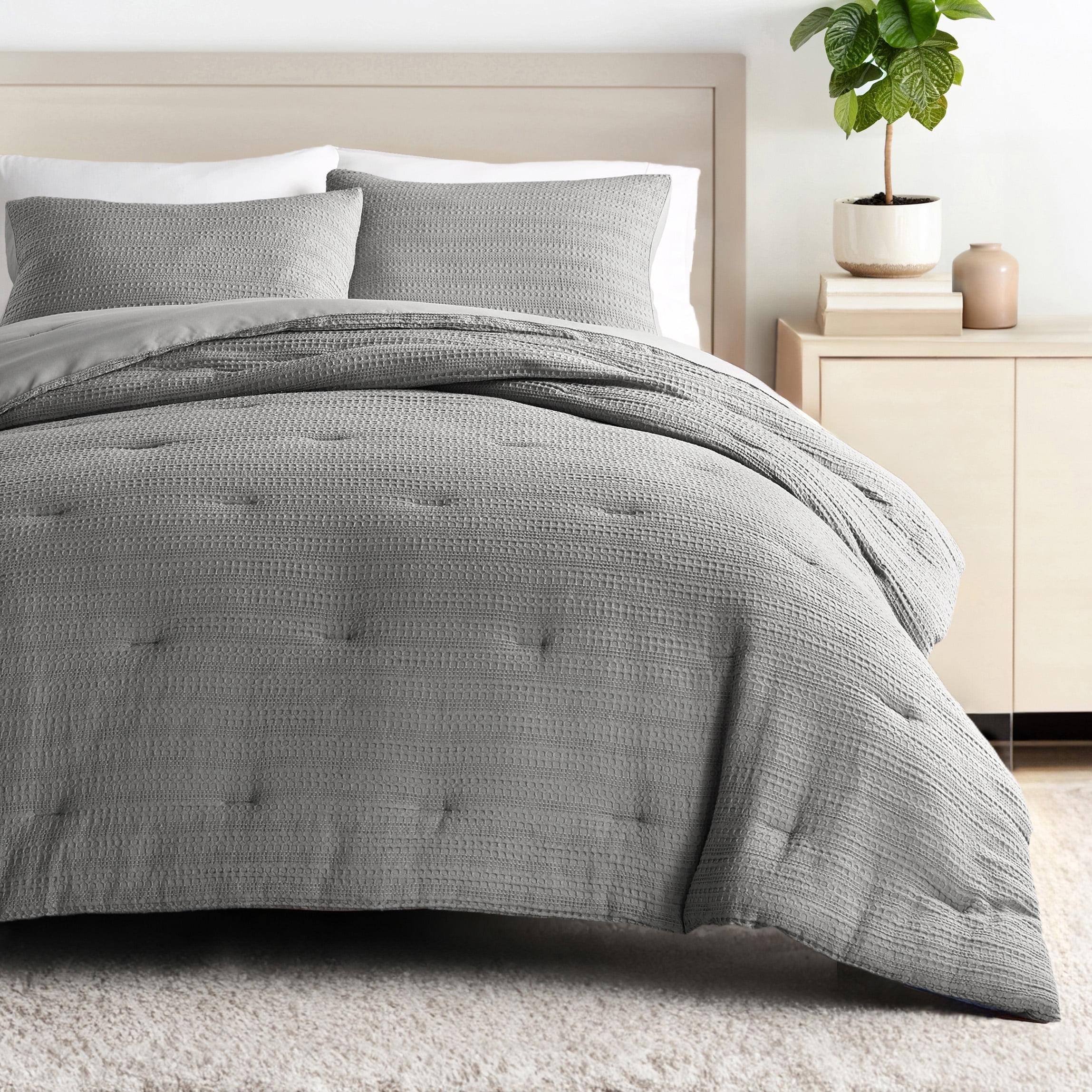 Lush Décor 3pc Full/Queen Haniya Solid Waffle Woven 100% Textured Comforter Set Gray: Includes Pillow Shams, Machine Washable