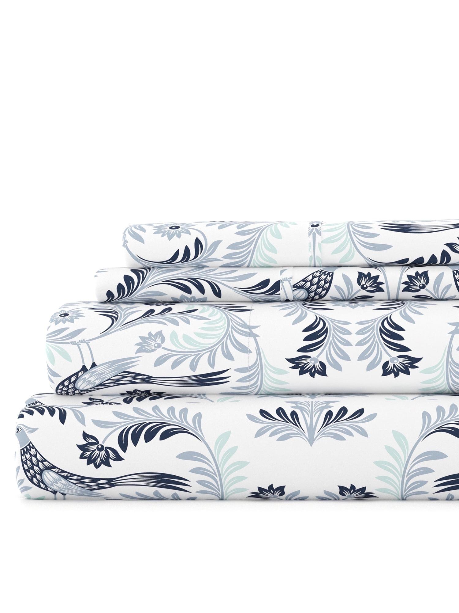 Noble Linens 4 Piece Pattern Microfiber Bed Sheets Set, Navy Garden Estate, Full