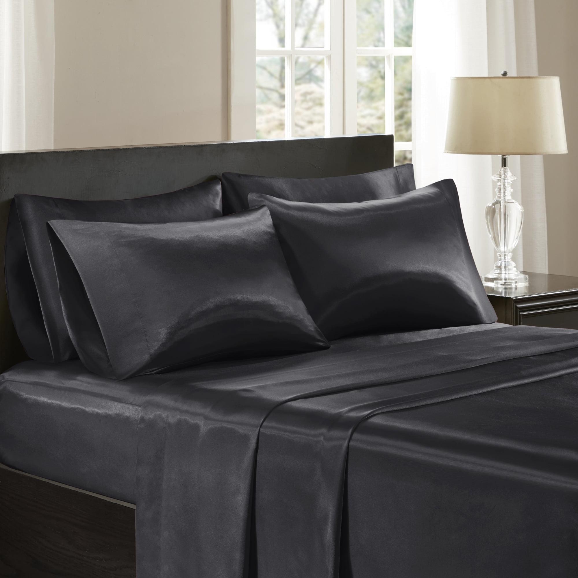 Queen Black Satin Deep Pocket Sheet Set