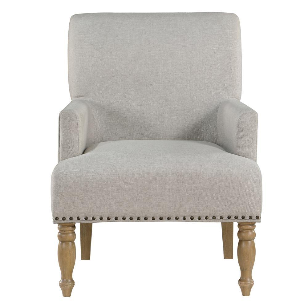 Beige Upholstered Accent Chair with Nailhead Trim and Wood Legs