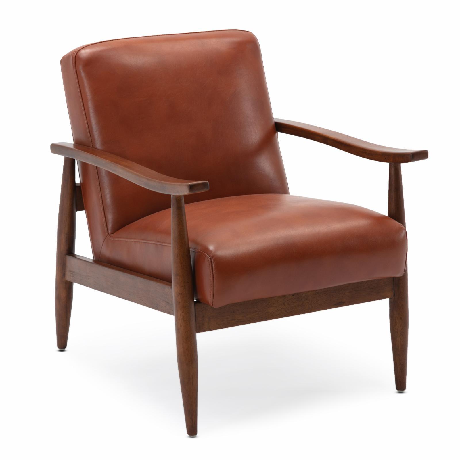 Mid-Century Modern Caramel Leather Gel Accent Chair with Wooden Arms