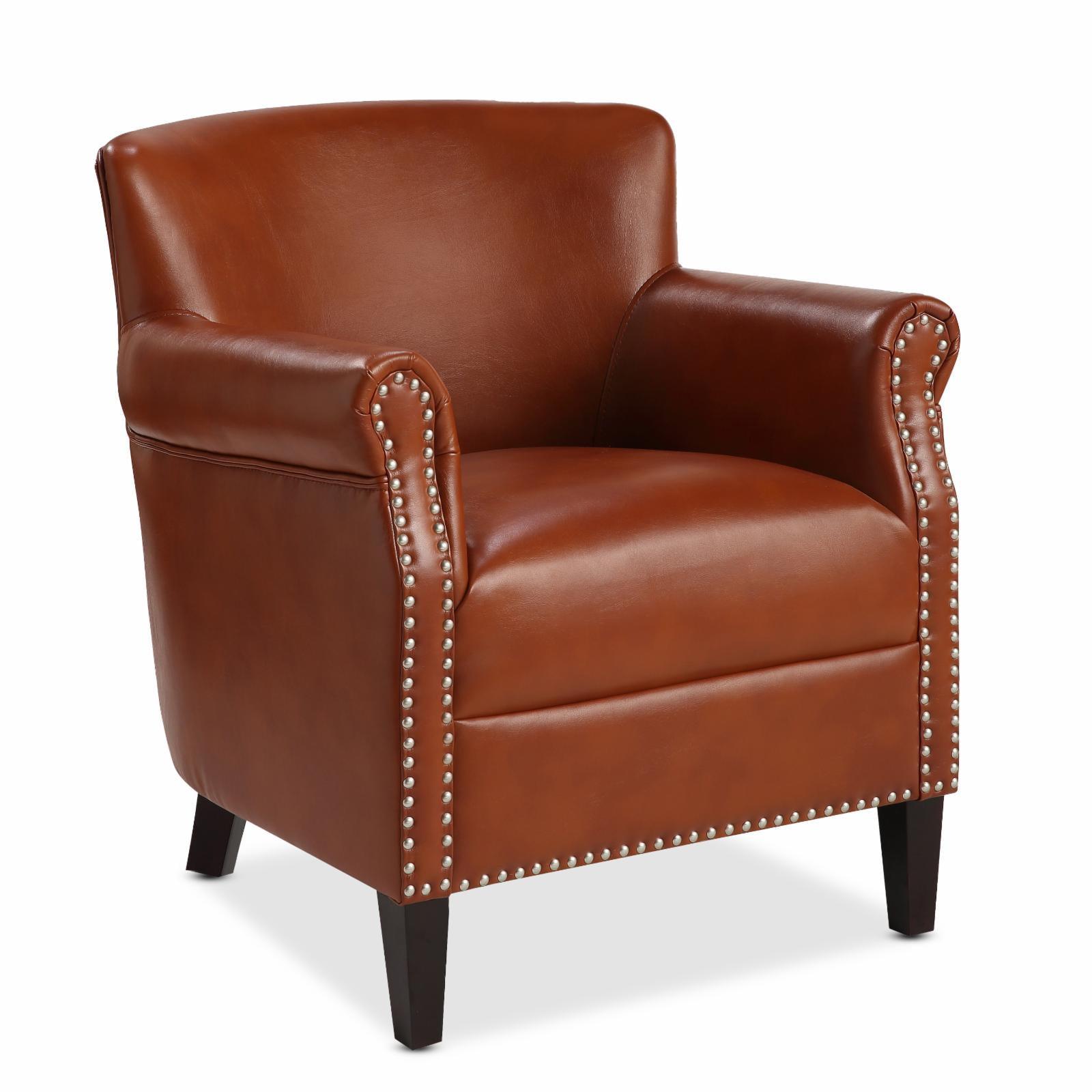 Caramel Leather Club Accent Chair with Wood Frame