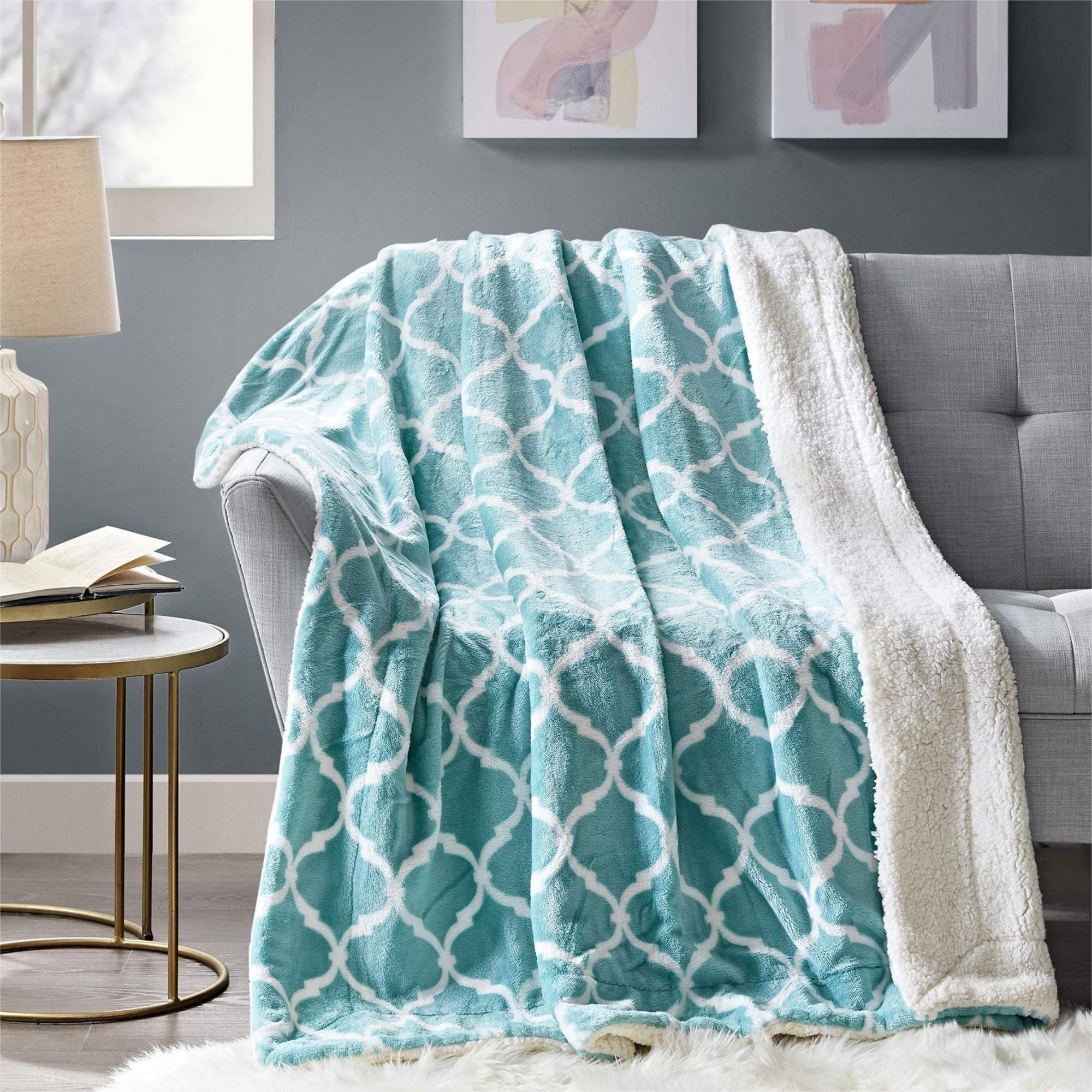 Comfort Spaces 50"x60" Sherpa Plush Throw Reversible Bedding Blanket Fleece Cozy Soft Aqua Ogee