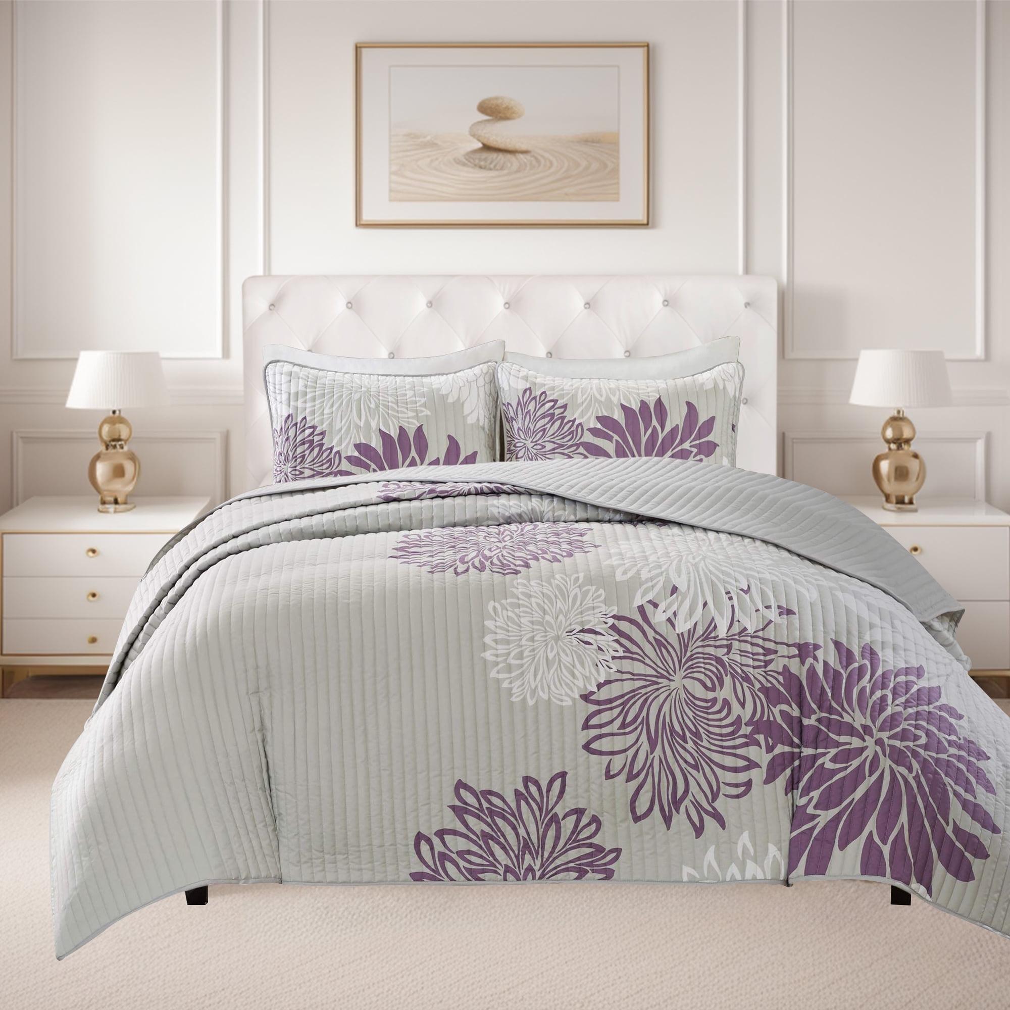 King Size Purple and Gray Reversible Microfiber Quilt Set