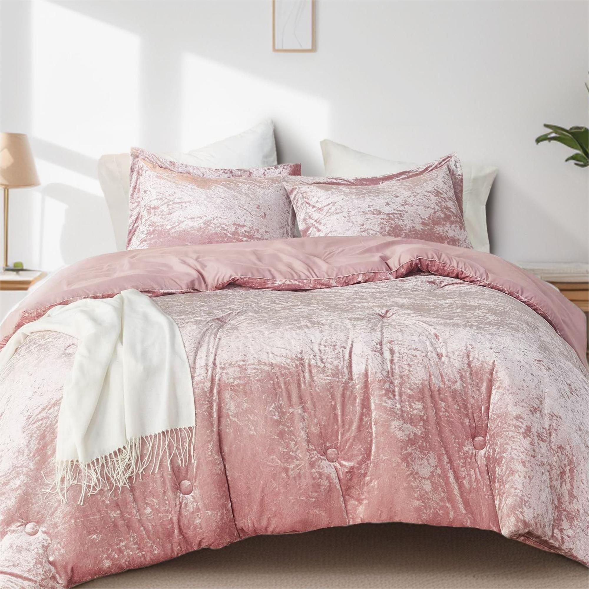 Comfort Spaces Full/Queen Cozy Velvet Comforter Sets, Luxe 3-Piece All Season Down Alternative Bedding Set, Pink Blush Damask Comforter Bed Set with Pillow Shams