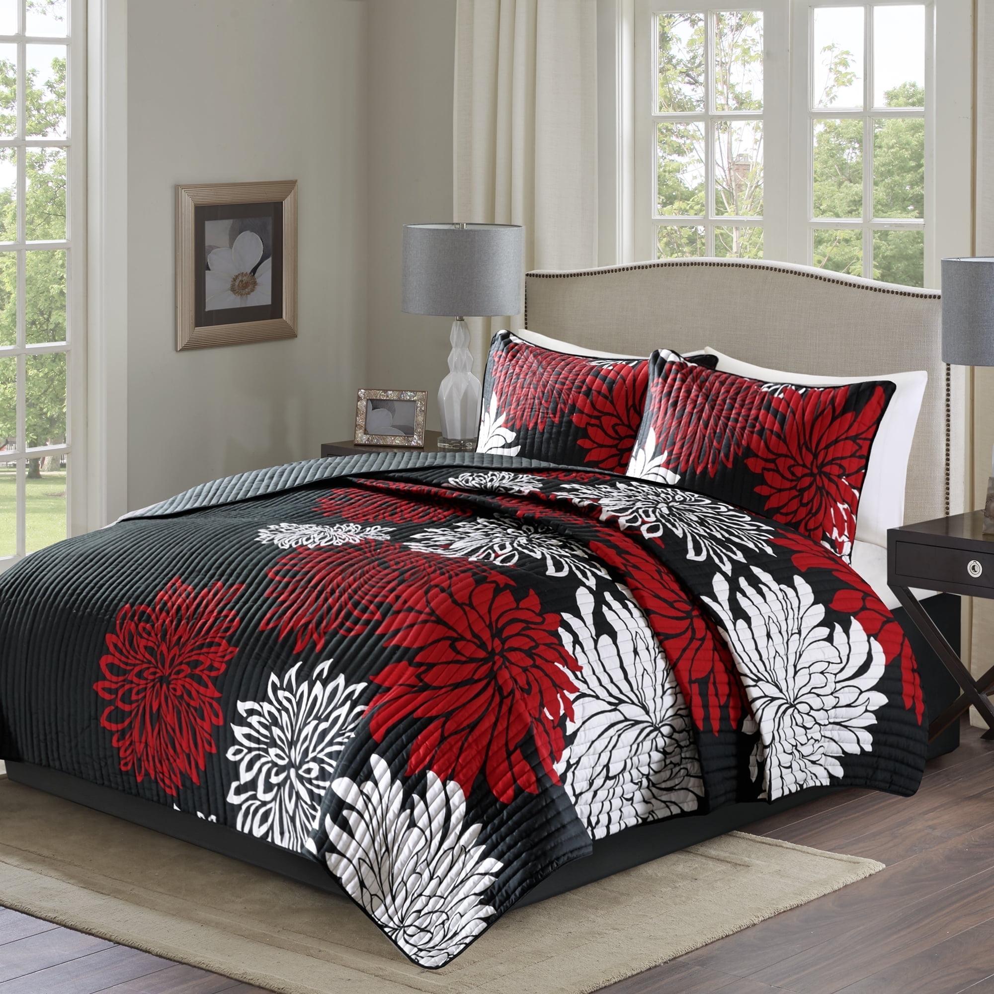 Comfort Spaces Full/Queen Size Quilt Set, 3-Piece Floral Bedspread Bedding Set, Red and Black Coverlet Set for All Season, Lightweight Comforter Set