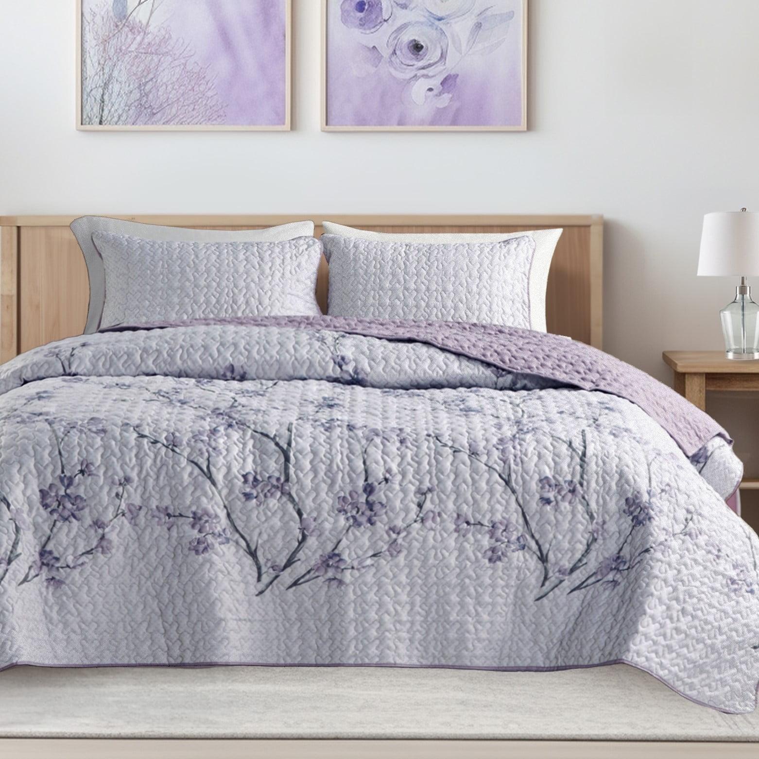 Comfort Spaces Reversible Twin/TwinXL Quilt Set Gray/Purple Lightweight Microfiber Vermicelli Stitching Bedspread, 2pcs
