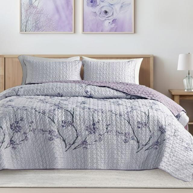 Comfort Spaces Reversible Twin/TwinXL Quilt Set Gray/Purple Lightweight Microfiber Vermicelli Stitching Bedspread, 2pcs