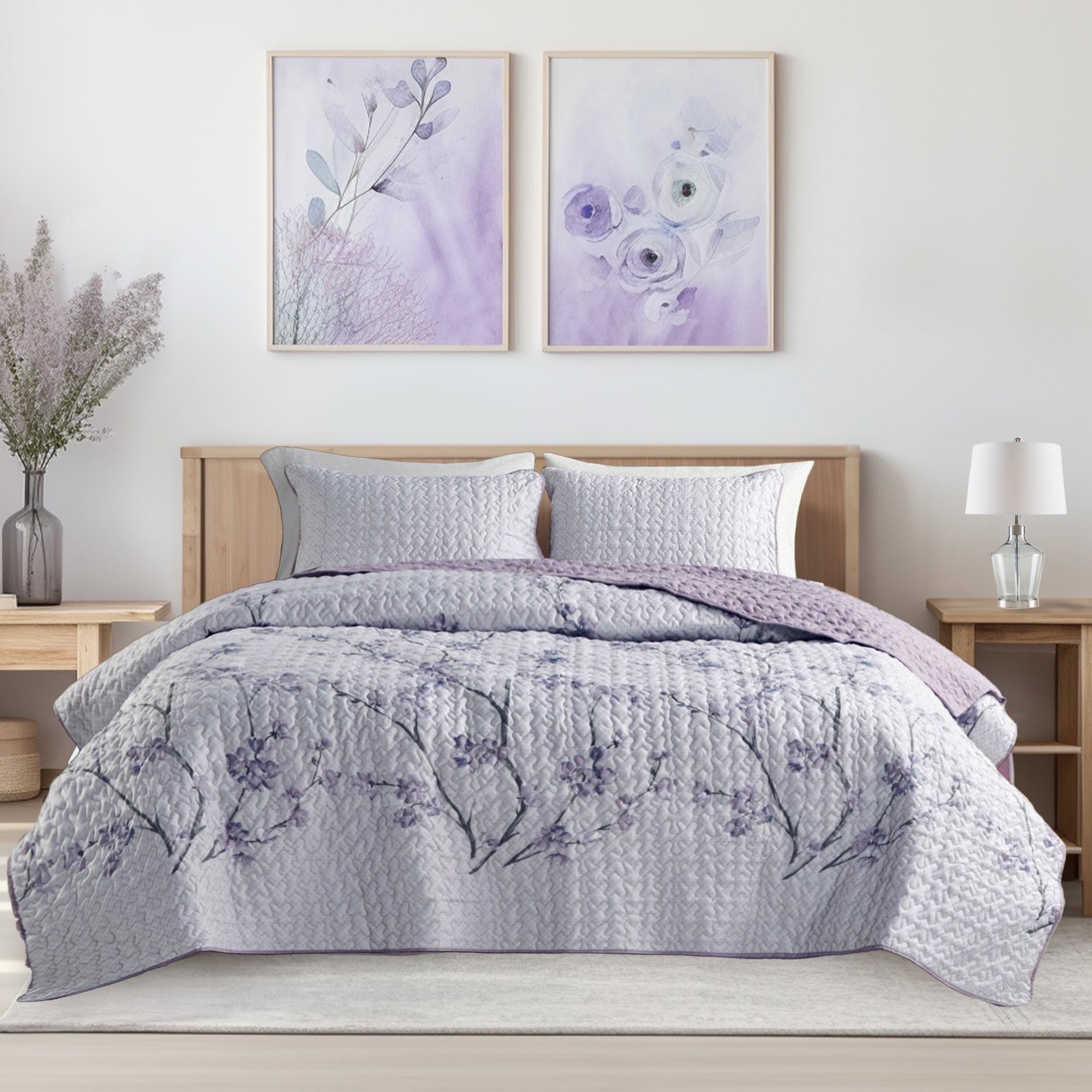 Comfort Spaces Reversible Twin/Twin XL Quilt Set, 2-Piece Floral Coverlet Set, Lightweight Bedspreads, Gray/Purple