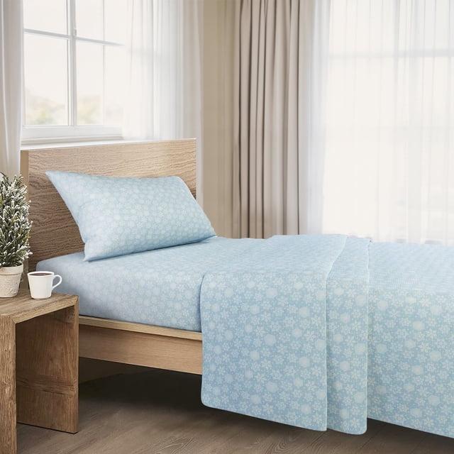 Comfort Spaces Twin Sheet Set, Flannel Bed Sheets Twin, 100% Cotton Bed Sheets Set with Deep Pocket, 3-Piece Snowflakes Blue