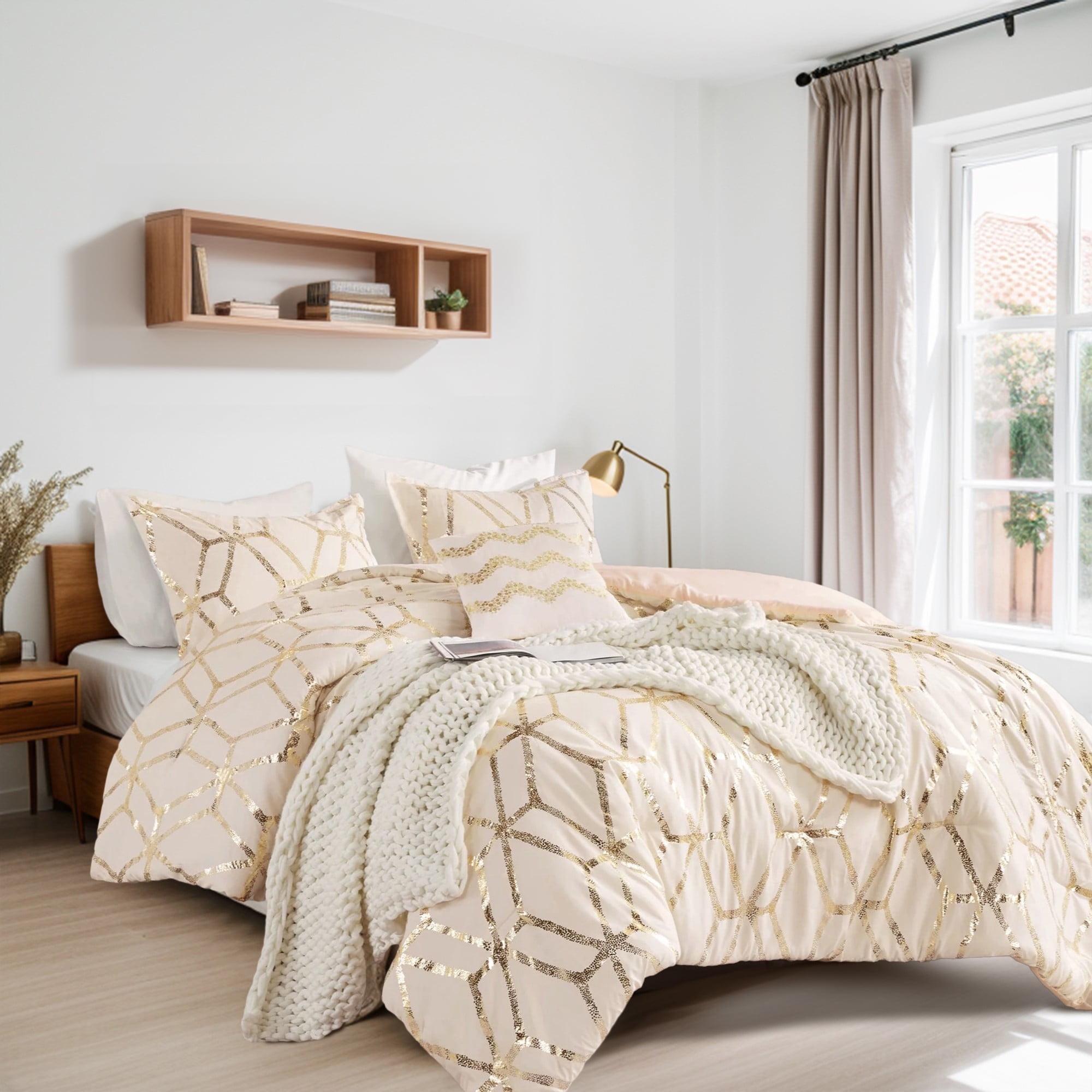Comfort Spaces Twin/Twin XL Size Comforter Sets, 3-Piece Bedding Set for All Season, Blush and Gold Comforter Bed Set for College Dorm, Geometric Metallic