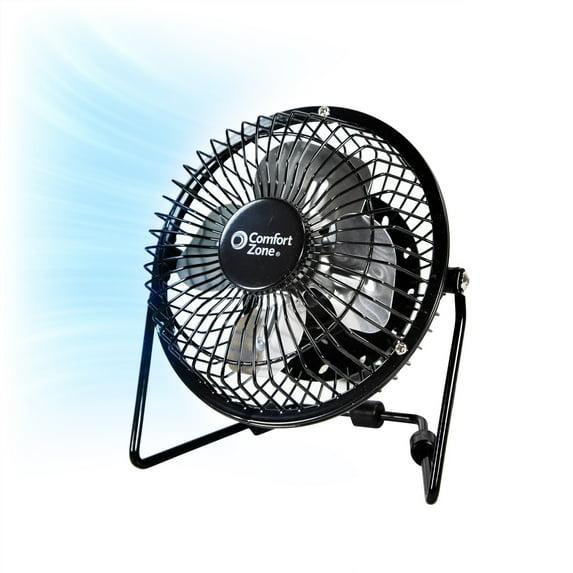 Comfort Zone 4" Metal Portable Desk Fan, Dual Powered (USB or Power Cord)
