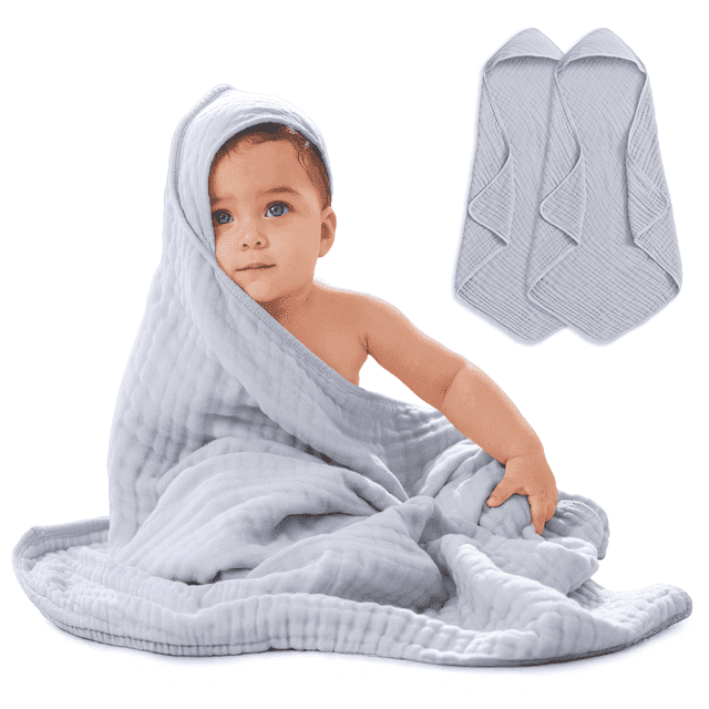 Comfy Cubs Comfy Cubs Hooded Baby Towel 2-Pack, Large 32 x 32 Inch - 6 Layer 100% Muslin Cotton - Soft & Absorbent Baby Bath Towels (Set of 2)