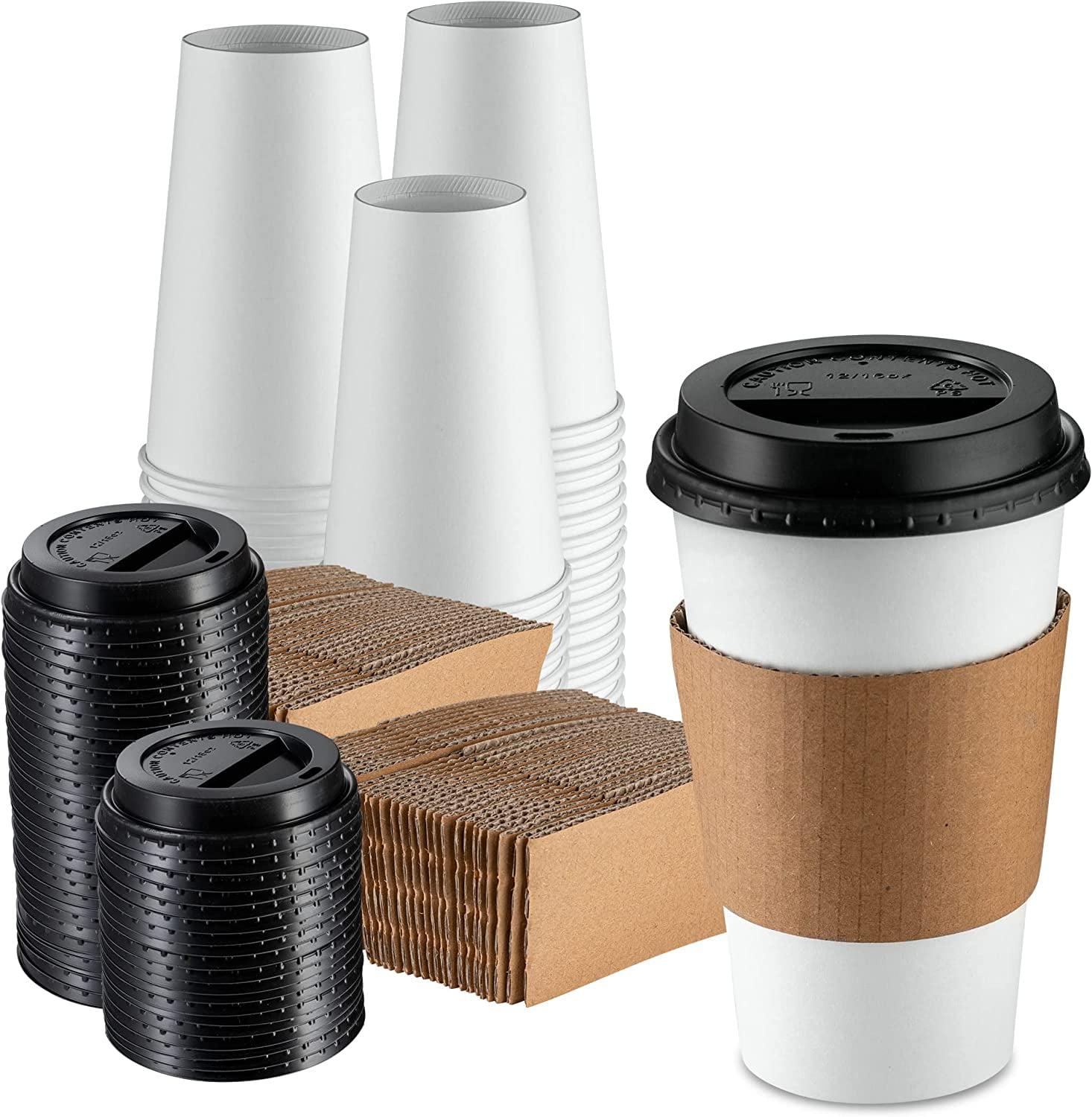 White 12oz Disposable Coffee Cups with Lids and Sleeves