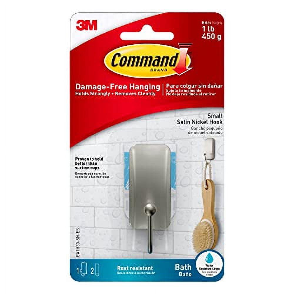 Command 076308728588 Bath, Satin Nickel, 1-Hook, 2-Small Water-Resistant Strips (BATH33-SN-ES), Satin Nickel