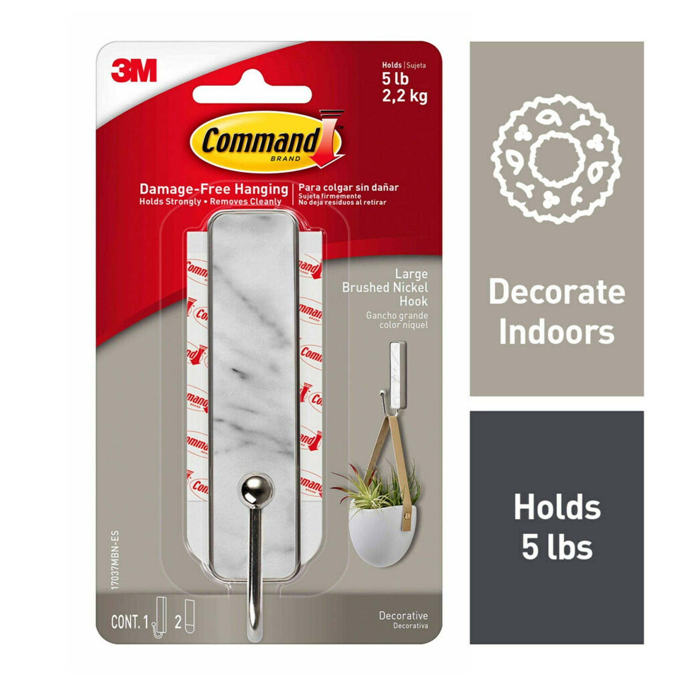 Command Large Sized Decorative Hook Brushed Nickel: Wall Hooks, Plastic, Painted Finish, 5 lb Capacity, Silver