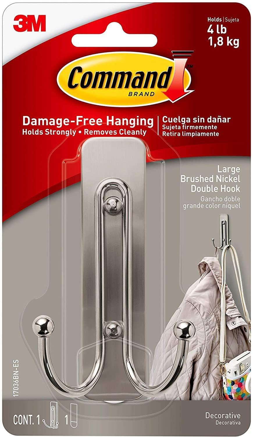 Large Brushed Nickel Double Wall Hook with Adhesive