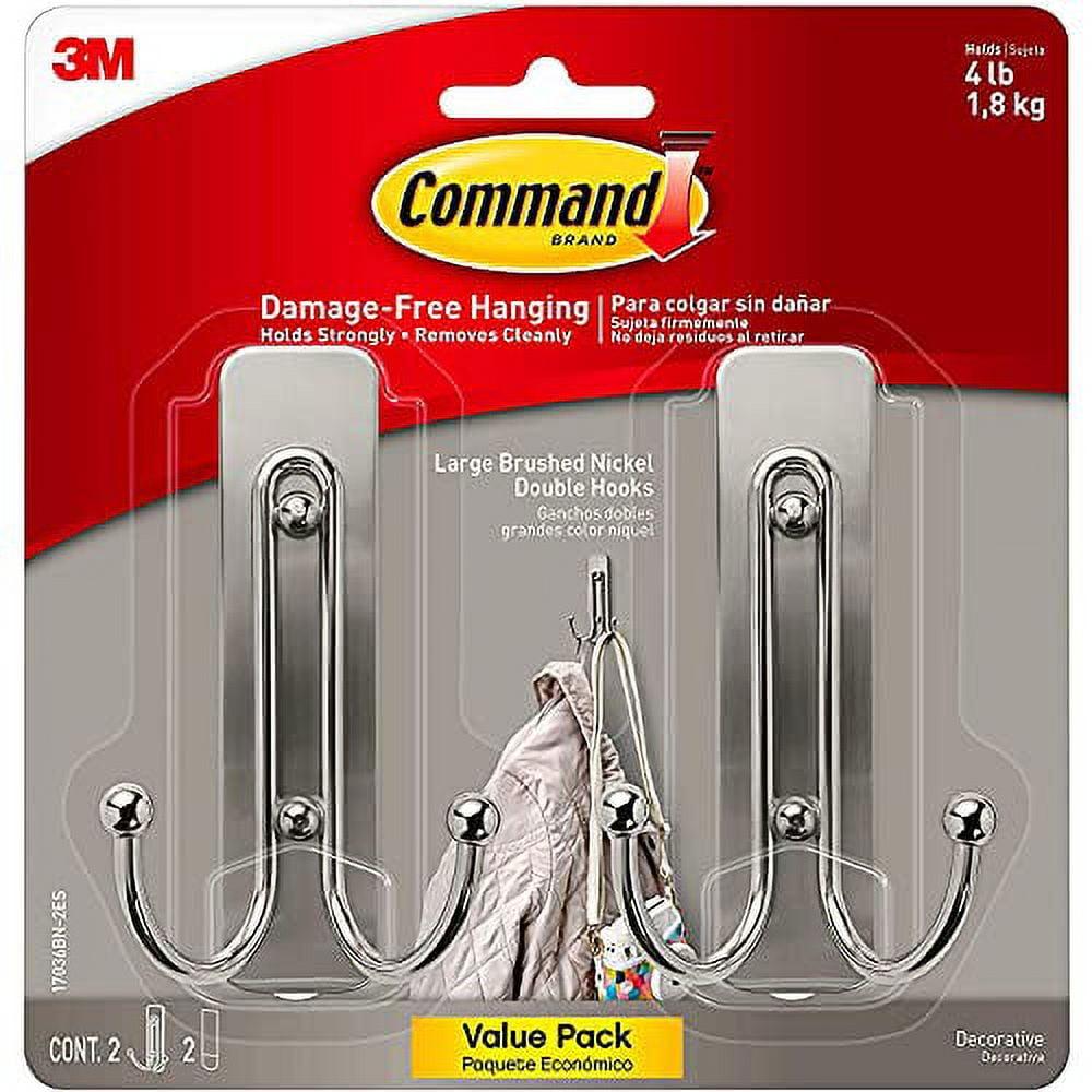 Command Large Wall Hooks, Damage Free Hanging Wall Hooks with Adhesive Strips, No Tools Double Wall Hooks for Hanging Decorations in Living Spaces, 2 Brushed Nickel Plastic Hooks and 2 Command Strips