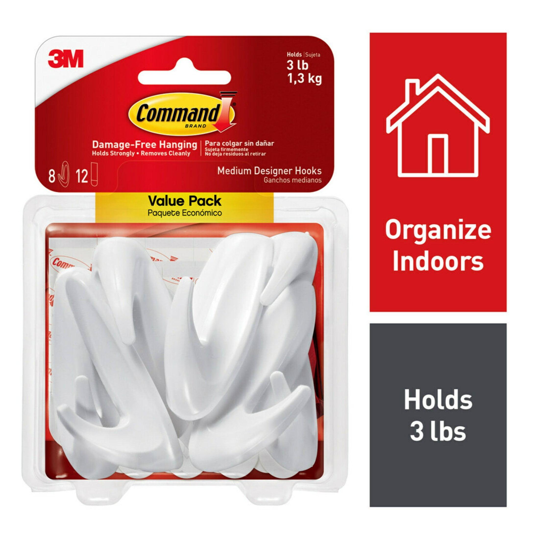 Command Medium Designer Hooks, White, 8 Wall Hooks, Damage-Free Hanging