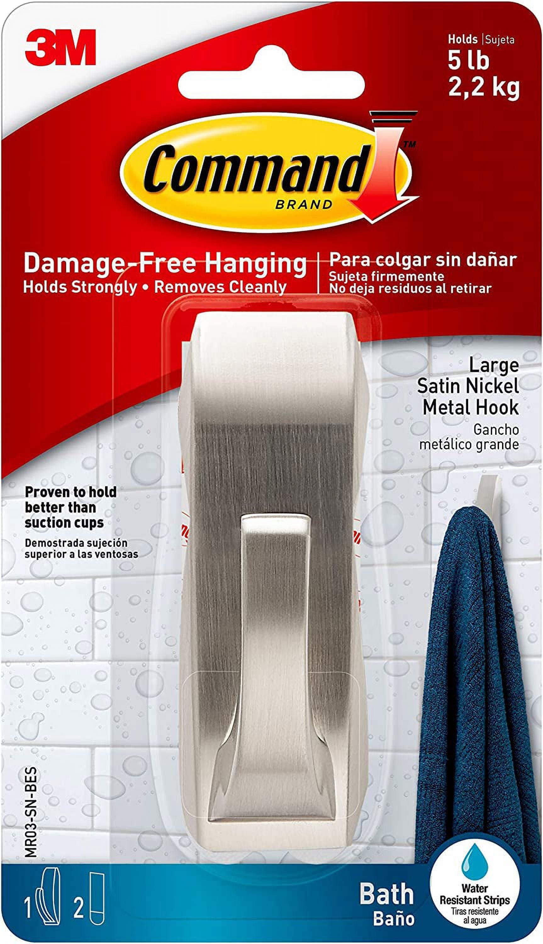 Large Satin Nickel Metal Bath Hook with Water-Resistant Strips