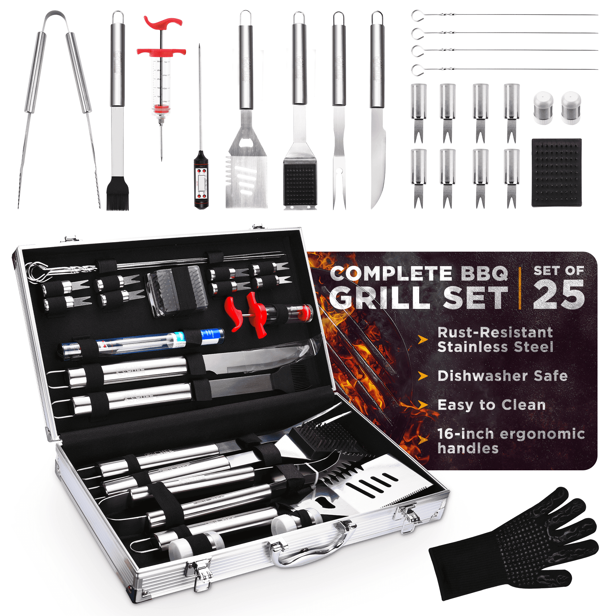 Commercial Chef 25-Piece Stainless Steel BBQ Grill Tool Set with Aluminum Case